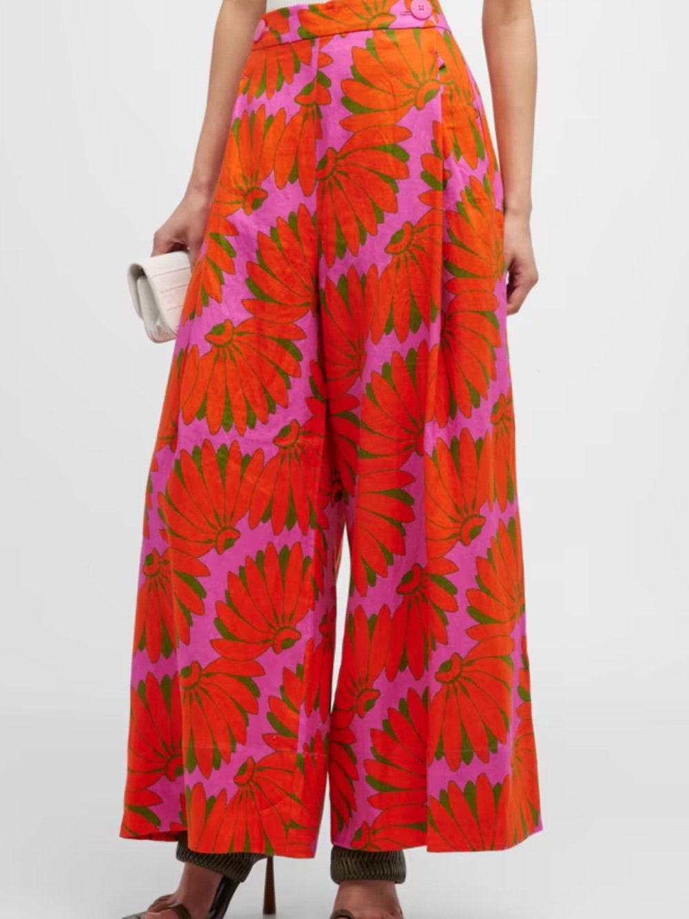 Like New FARM Rio Copacabana Pink Wide-Leg Pants with Orange Floral Bloom Linen